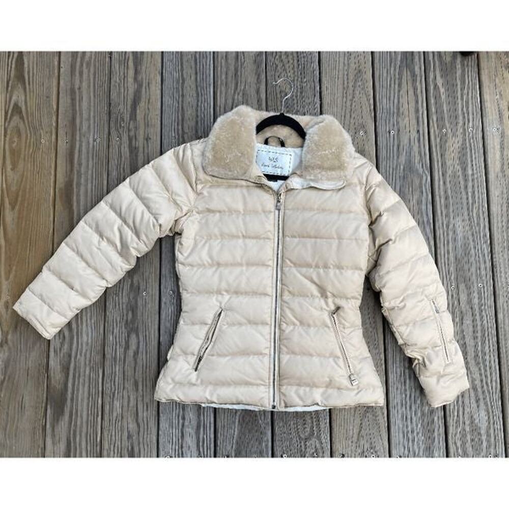 NILS Cream Quilted Puffer Jacket with Faux Fur Collar